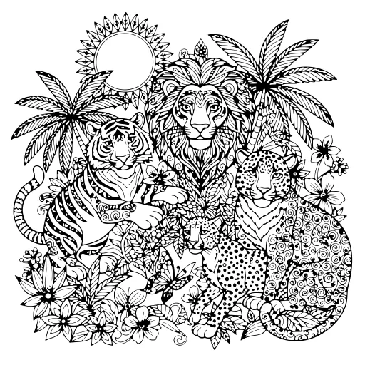Detailed Big Cats coloring page. A detailed big cats wildlife drawing with very fine detail for patient, relaxed coloring.