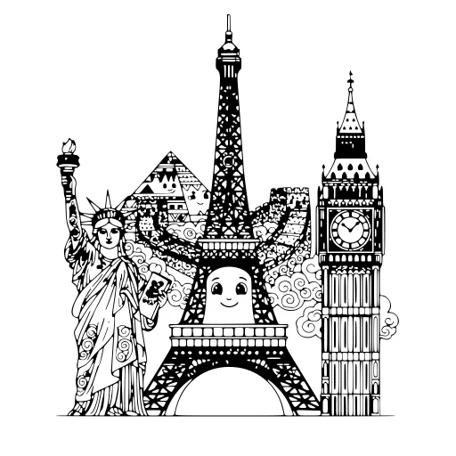 Detailed Landmarks coloring page. A detailed landmarks architectural scene with very fine detail for patient, relaxed coloring.