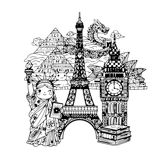 Elegant Landmarks coloring page. An elegant landmarks architectural scene with very fine detail for patient, relaxed coloring.
