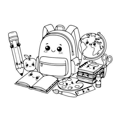 Friendly School Supplies coloring page. A friendly school supplies learning page with a friendly mix of large and small areas.