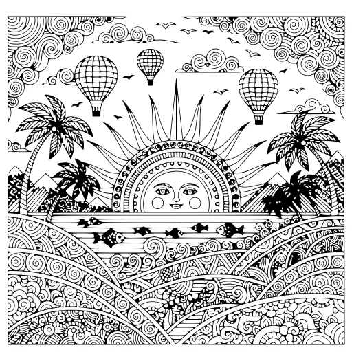 Golden Sunset Views coloring page. A golden sunset views landscape with very fine detail for patient, relaxed coloring.