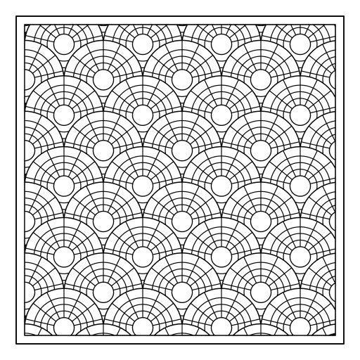 Velvet Art Deco Fans coloring page. Overlapping Art Deco fans with rays and rings.