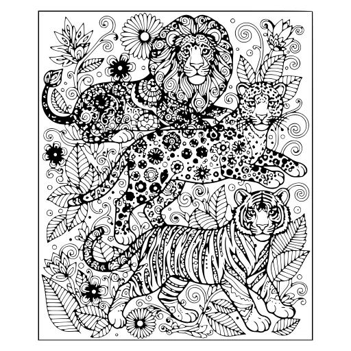 Quiet Big Cats coloring page. A quiet big cats wildlife drawing with very fine detail for patient, relaxed coloring.