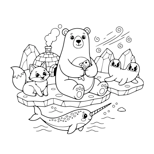 Bright Arctic Animal Scene coloring page. A bright arctic animal scene with a friendly mix of large and small areas.