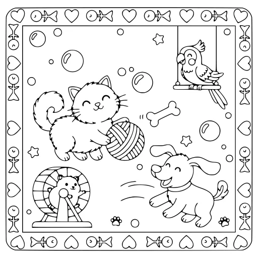 Bright Pet Scene coloring page: a cat with other pets, in black line art.