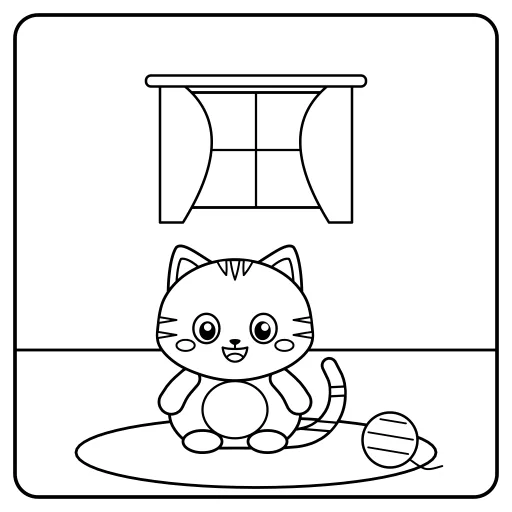 Cat and Yarn: a cute, easy coloring page with big shapes and bold lines.