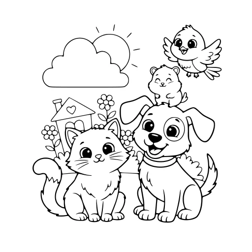 Cute Pet Scene coloring page: a cat with other pets, in black line art.