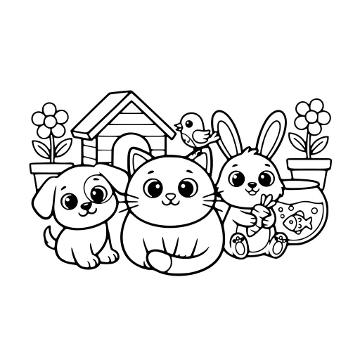 Cute Pets coloring page: a cat with other pets, in black line art.