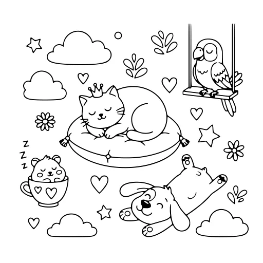Fun Pet Day coloring page: a cat with other pets, in black line art.