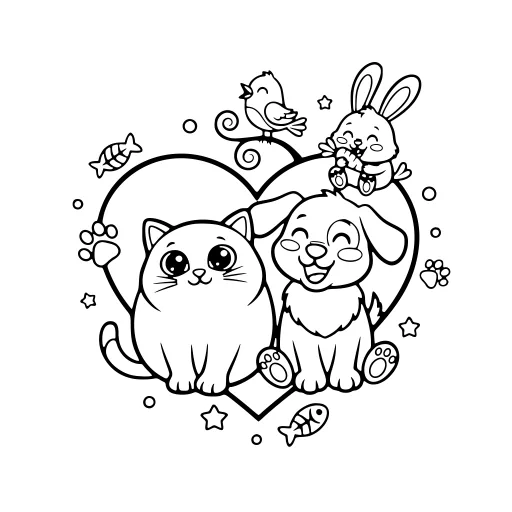Fun Pets coloring page: a cat with other pets, in black line art.