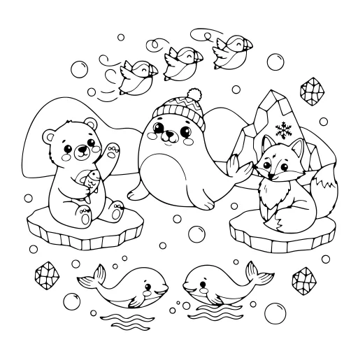 Happy Arctic Animals coloring page. A happy arctic animals picture with lots of fine detail to fill at your own pace.