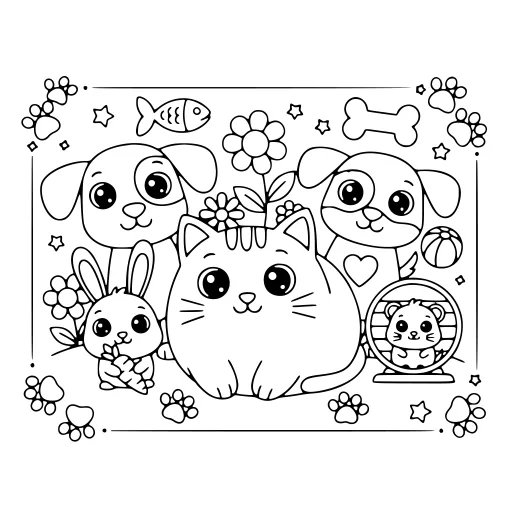 Little Pet Day coloring page: a cat with other pets, in black line art.