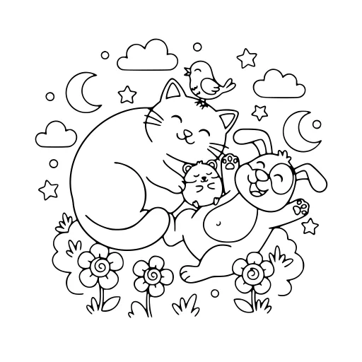 Little Pet Scene coloring page: a cat with other pets, in black line art.