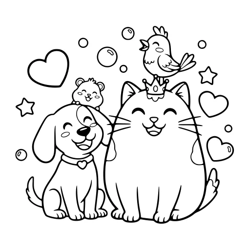 Little Pets coloring page: a cat with other pets, in black line art.