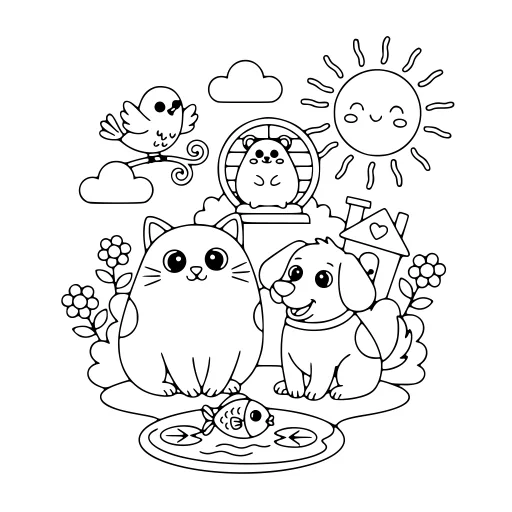 Playful Pet Day coloring page: a cat with other pets, in black line art.