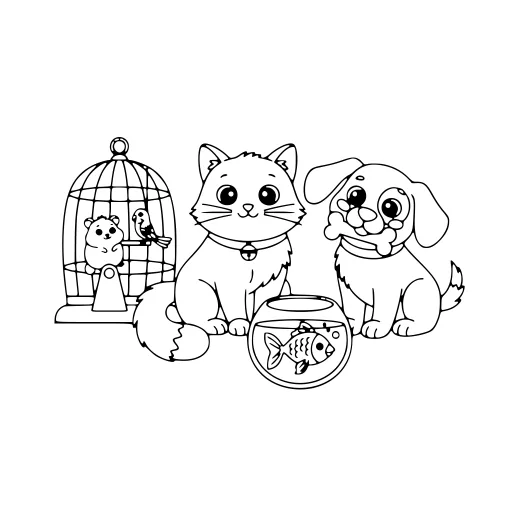Playful Pets coloring page: a cat with other pets, in black line art.