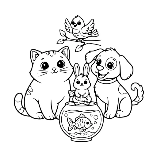 Smiley Pet Scene coloring page: a cat with other pets, in black line art.