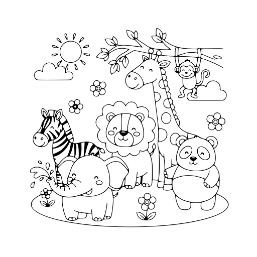 Smiley Zoo Animal Day coloring page. A smiley zoo animal day with lots of fine detail to fill at your own pace.