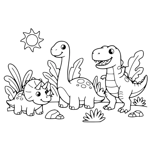 Sunny Dinosaur Day coloring page. A sunny dinosaur day with a friendly mix of large and small areas.