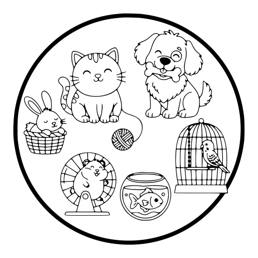 Sweet Pet Time coloring page: a cat with other pets, in black line art.